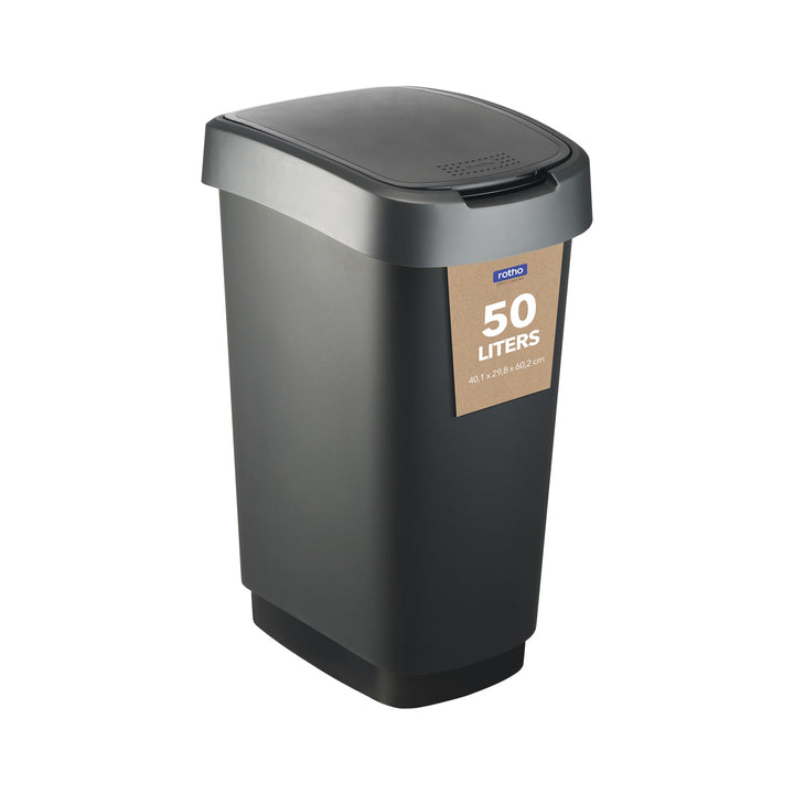 Rotho Twist Mülleimer 50l mit Deckel, als Schwing oder Klappdeckel nutzbar, Kunststoff (PP) BPA-frei