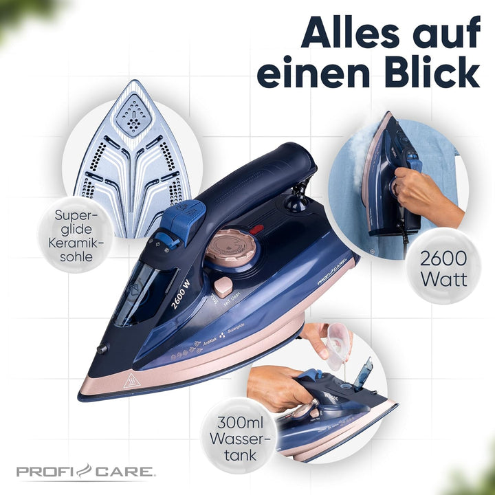 ProfiCare® Bügeleisen 2600 Watt | Dampfbügeleisen mit Keramik-Sohle | 7 Funktionen | 300ml Wassertan