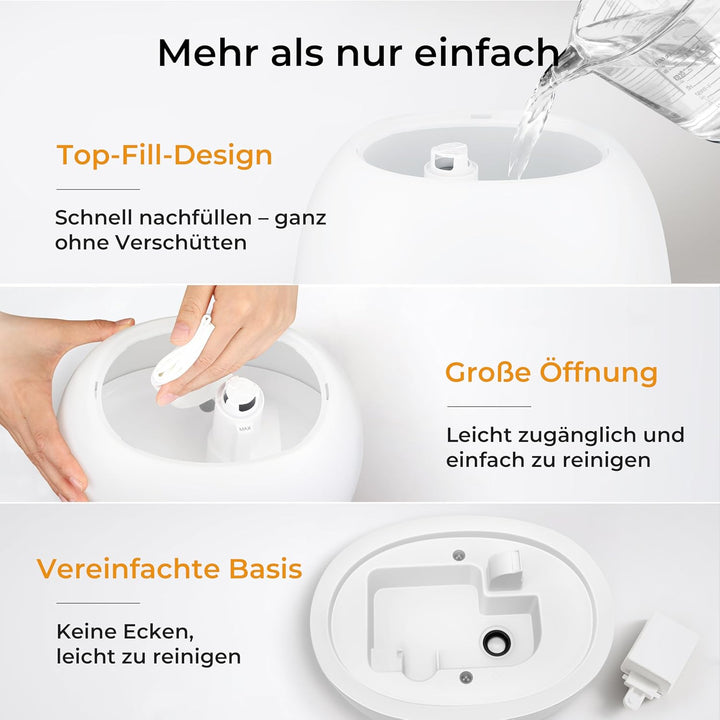 3L Luftbefeuchter Schlafzimmer mit Hygrostat, 7 Farben LED Licht & Fernbedienung, ultraleiser 20dB H