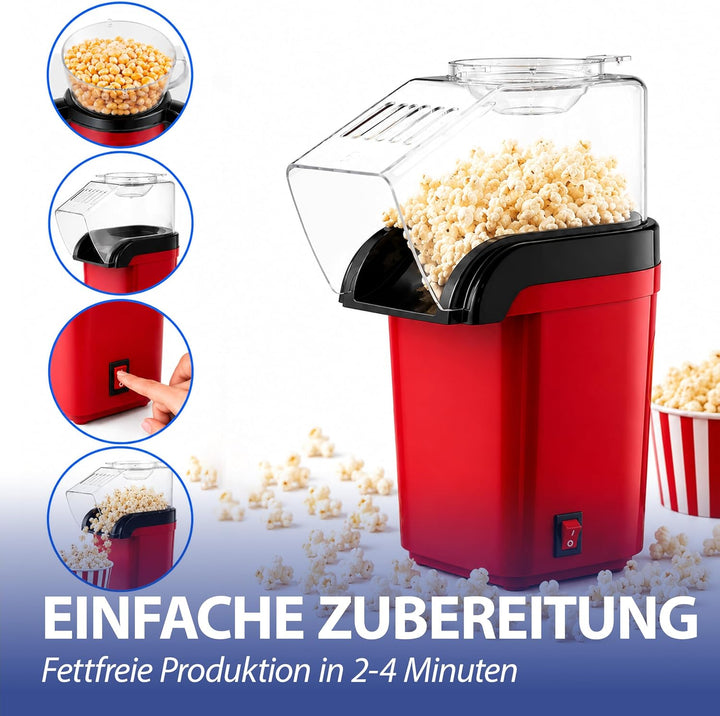 Popcornmaschine Popcorn Maker für Zuhause | leistungsstarke fettfreie schnelle Zubereitung mit Heiss