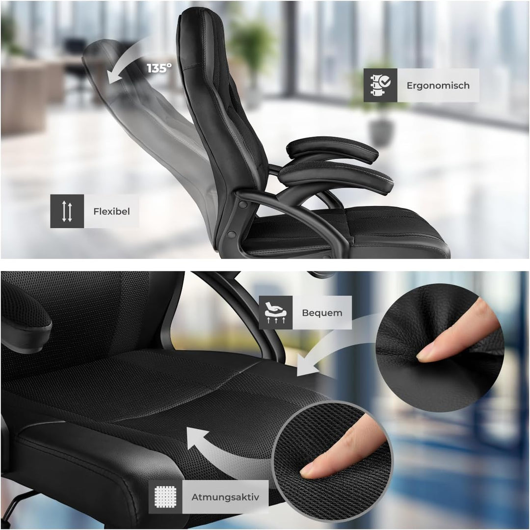 tectake® Gaming Stuhl, Bürostuhl ergonomisch, Racing Bürostuhl, Chefsessel mit Wippfunktion und Arml
