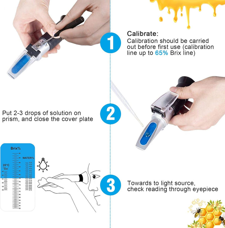 Rierousy 3-In-1 Refraktometer Honig mit Dreifach-Skala(Wasser: 12-27%, Brix: 58-90%, Be': 38-43°), R