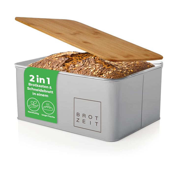 Lumaland Cuisine Brotkasten | Brotdose aus Metall mit Bambus Deckel | Brotbox rechteckig 30,5 x 23,5