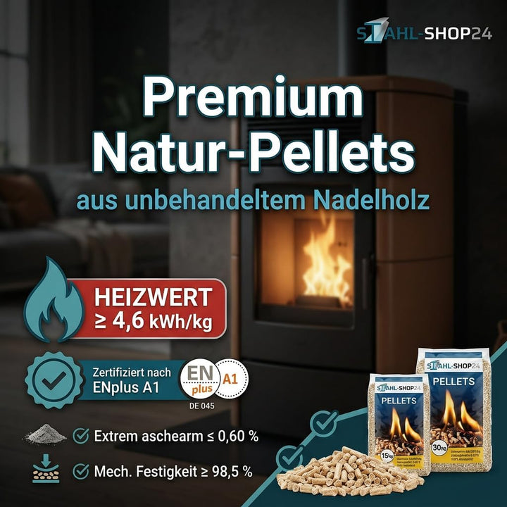 Stahl-Shop24 Holzpellets ENplus A1 6mm Nadelholz 15 kg - Premium Heizpellets für Pelletofen Kamin He
