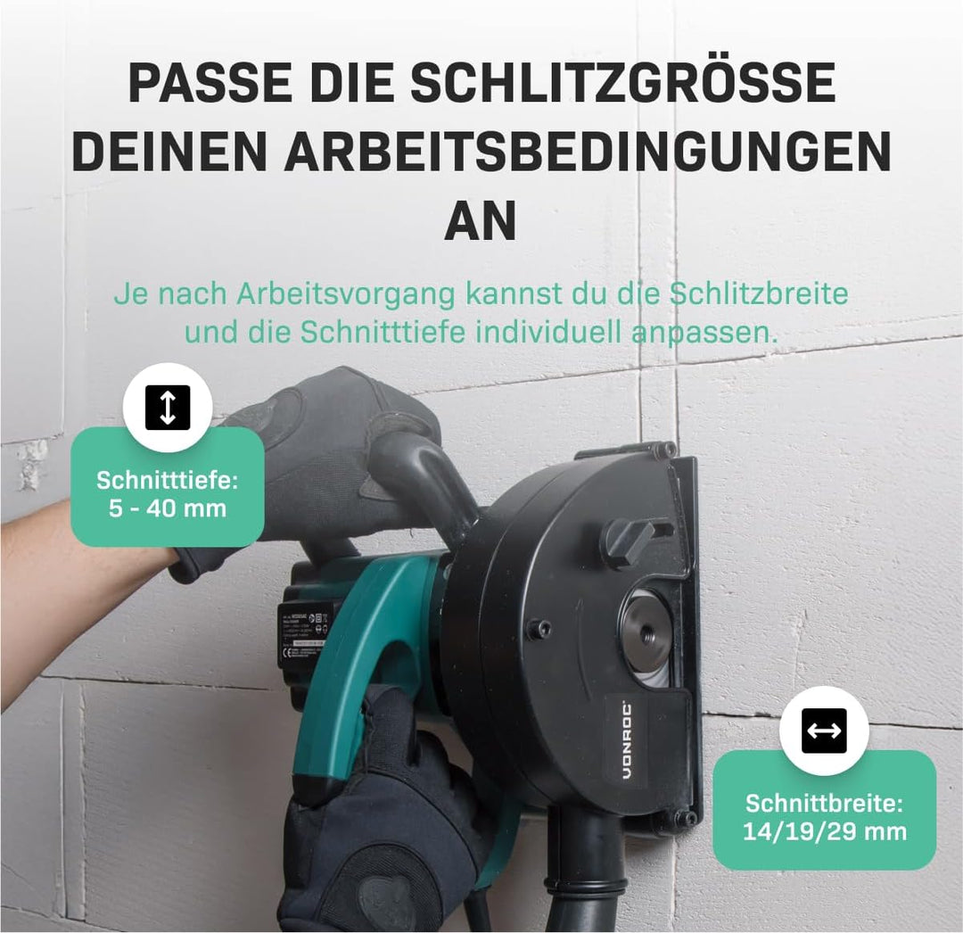 VONROC Mauernutfräse Schlitzfräse mit Absaughaube - Mauerfräse 1700W - Schlitzmaschine für 150mm Kab