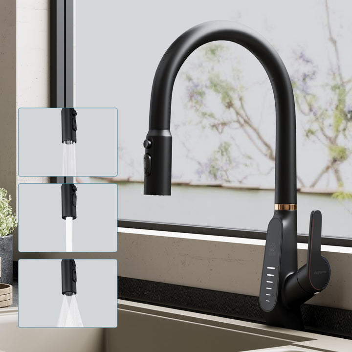 doporro Wasserhahn Küche Schwarz, Küchenarmatur mit LED Temperaturanzeige | Hochdruck ausziehbare Mi