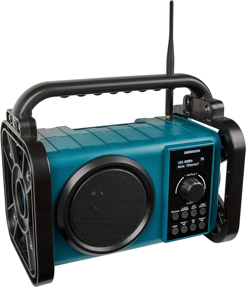 MEDION P66220 Baustellenradio mit Bluetooth 5.0, PLL UKW Radio, Spritzwassergeschützt (IP44), Robust