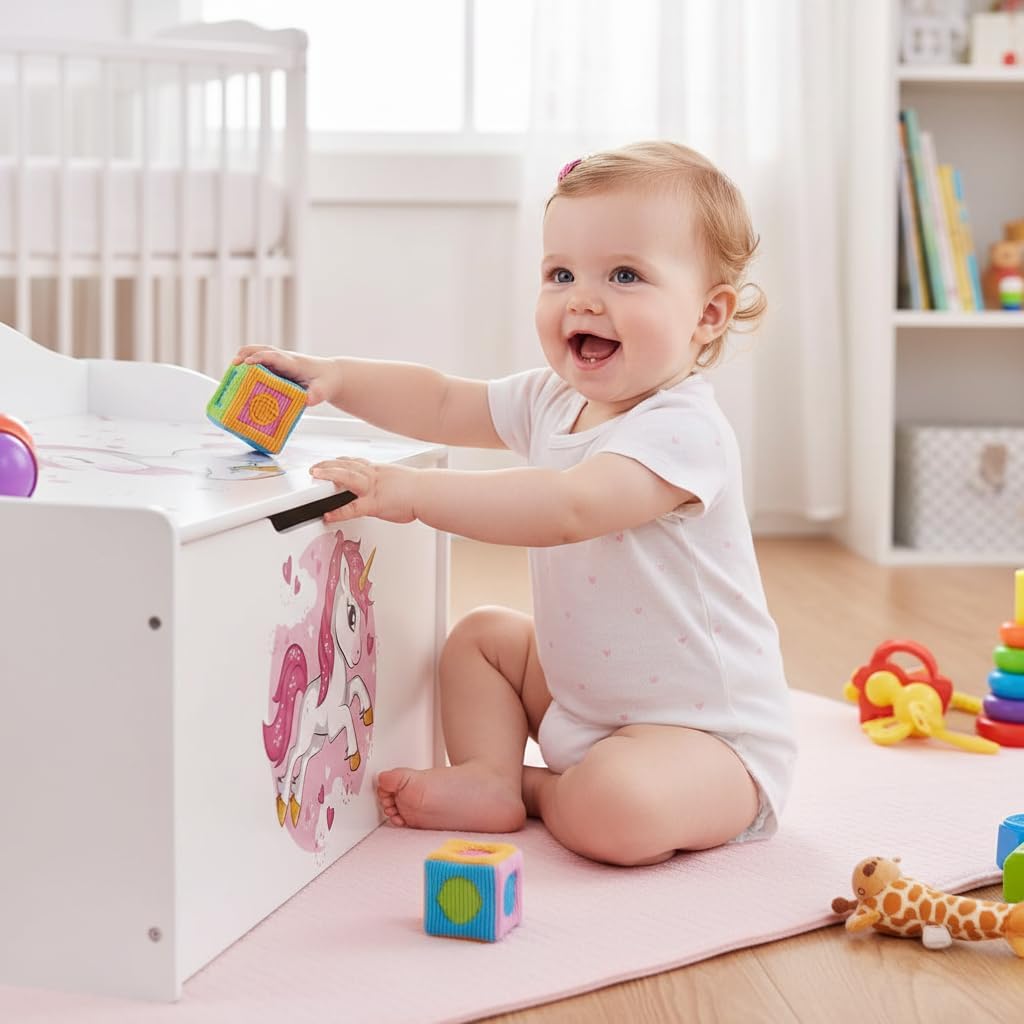 Leomark Kinderbank Hölzerne - UV-Druck: Rosa Einhorn - Kindertruhenbank, Behälter für Spielzeug, Tru