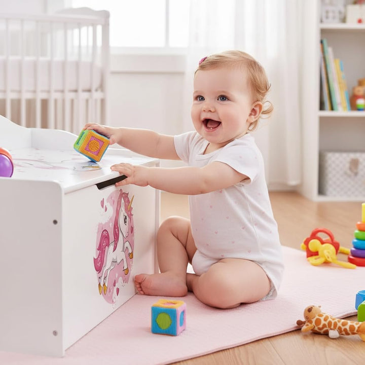 Leomark Kinderbank Hölzerne - UV-Druck: Rosa Einhorn - Kindertruhenbank, Behälter für Spielzeug, Tru