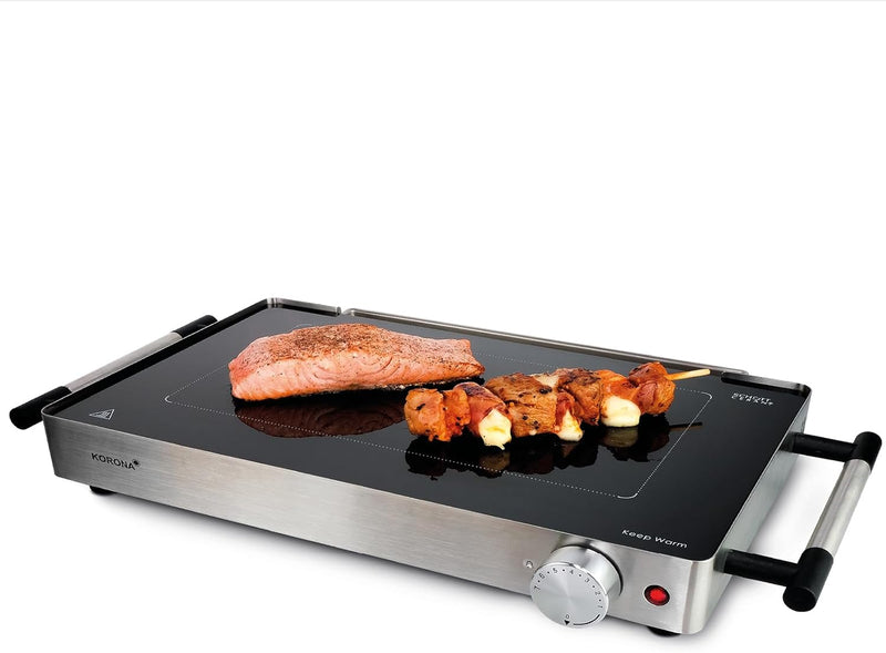 Korona 46100 Glas-Tischgrill | 2 in 1 Tischgrill und Warmhalteplatte | 800 Watt | Edelstahlgehäuse |