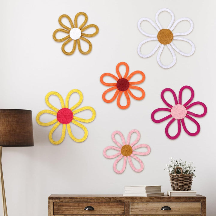 Barydat 6 Stück Boho-Kinderzimmer-Dekoration, Gänseblümchen, gewebter Makramee-Wandbehang, 3 Grössen