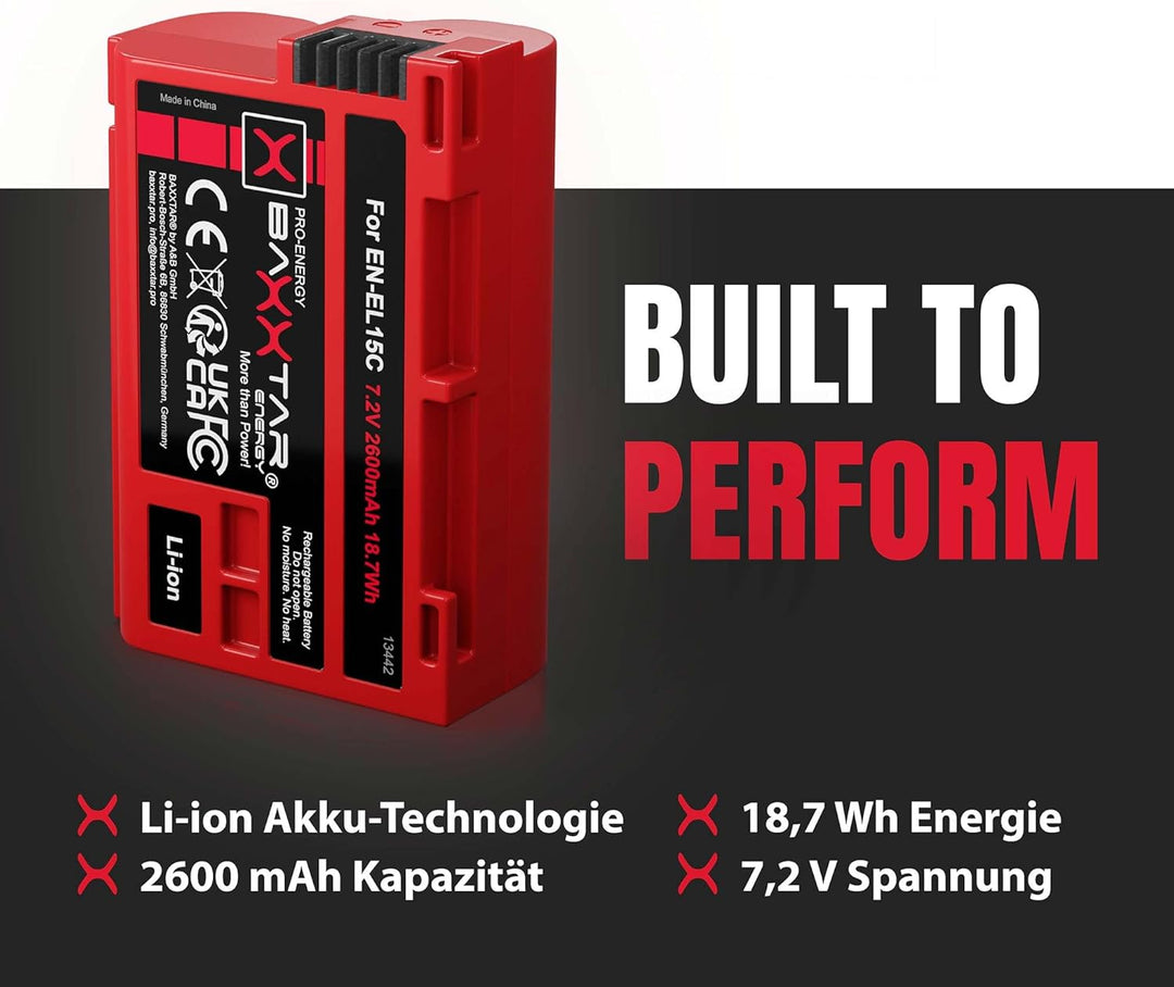 Baxxtar EN-EL15c 2600mAh Kamera Akku (EN-EL15c EN-EL15b EN-EL15) kompatibel mit Nikon Z5 Z6 II Z7 II