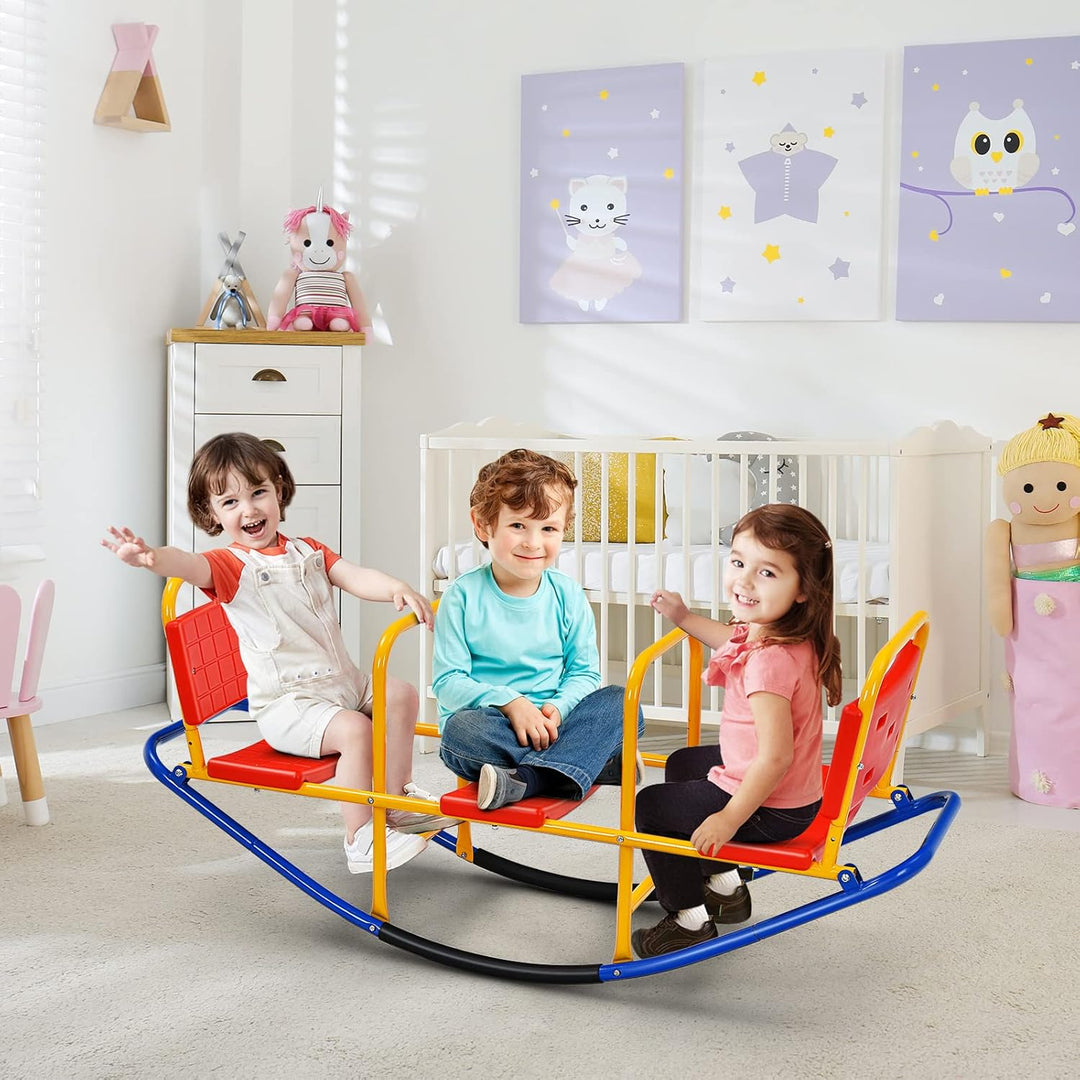 DREAMADE 3 Sitzer Kinder Wippe mit Rückenlehnen und Griffe, Schaukelwippe Metall 136x60x39cm, Karuss