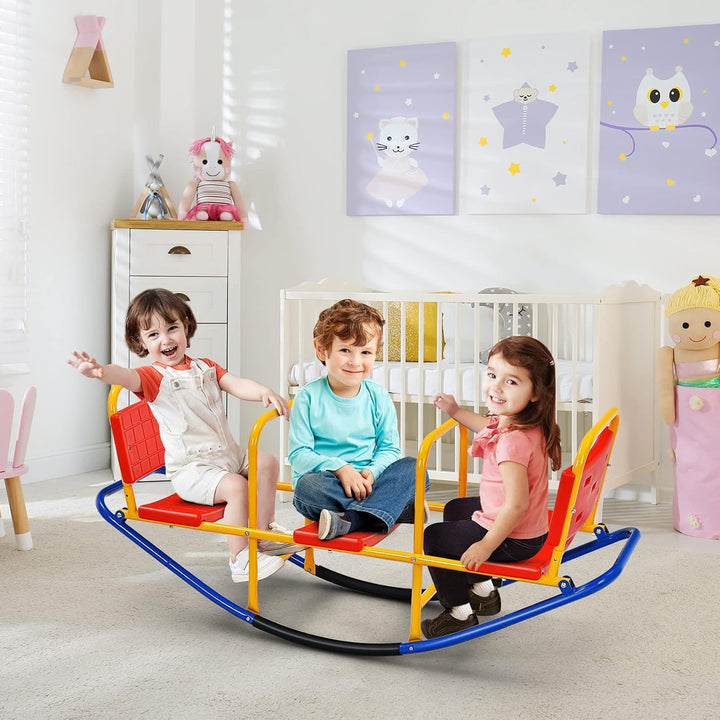 DREAMADE 3 Sitzer Kinder Wippe mit Rückenlehnen und Griffe, Schaukelwippe Metall 136x60x39cm, Karuss