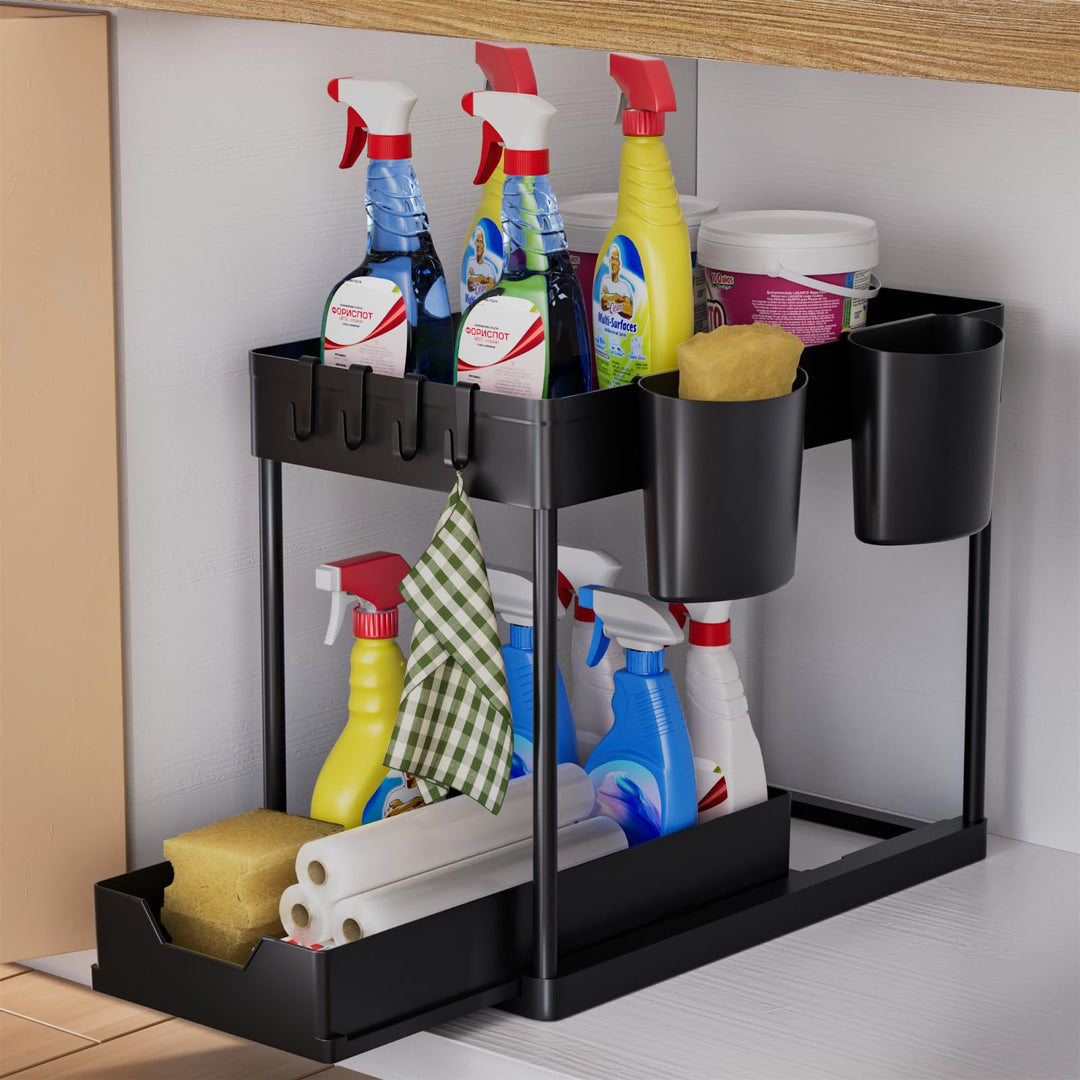 AIXPI Küchen Organizer 2 Etagen, Unter Waschbecken Regal mit Haken und Tasse Gewürzregal Spülschrank