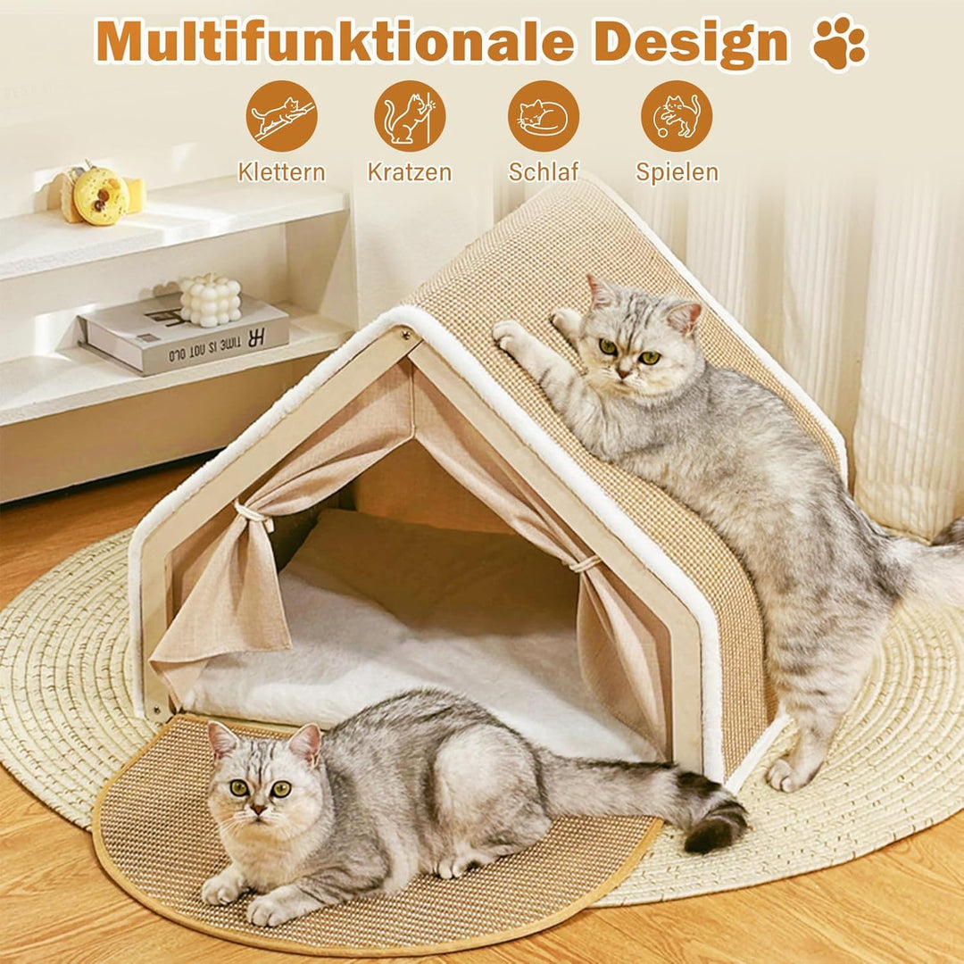 Katzenhaus mit Kratzbrett, 2-in-1Holz Sisal Katzenhaus Kratzbrett, Katzenzelt Gemütliche Indoor Katz