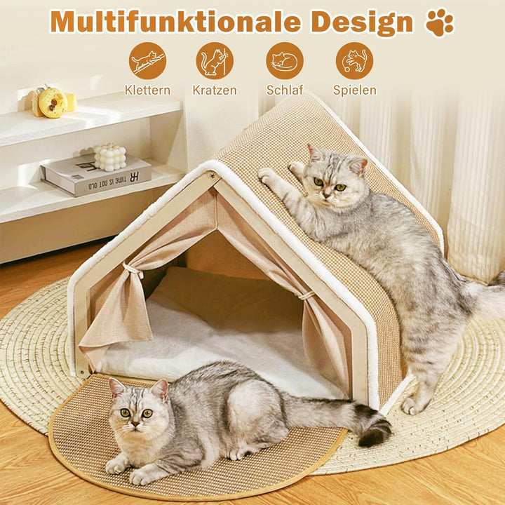 Katzenhaus mit Kratzbrett, 2-in-1Holz Sisal Katzenhaus Kratzbrett, Katzenzelt Gemütliche Indoor Katz