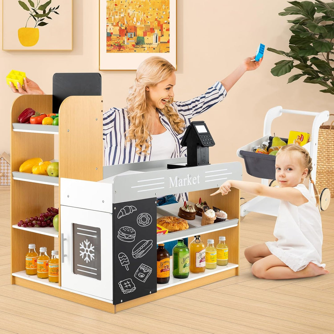 COSTWAY Kaufmannsladen, Kaufladen Kinder mit Einkaufswagen, Supermarkt Holz mit Kasse & 2 Tafeln, Ei