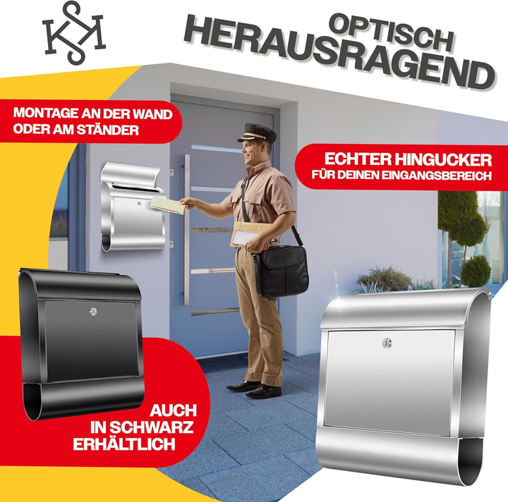 KESSER® XXL Briefkasten Edelstahl mit Zeitungsfach, gebürstet, 3X Schlüssel abschliessbar, Pulverbes