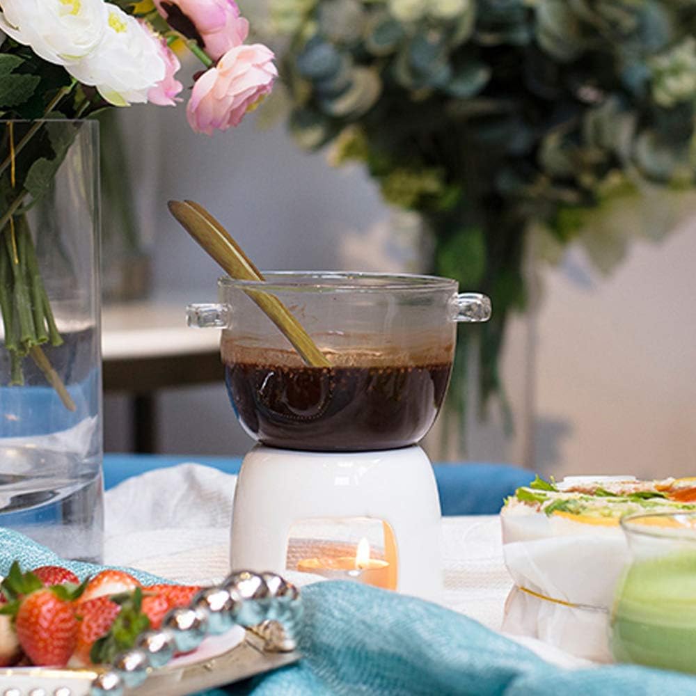 TAMUME 350 ml Glas Schokoladenfondue-Set, Packung mit Glasfonduetopf und Porzellanwärmer mit Fondueg