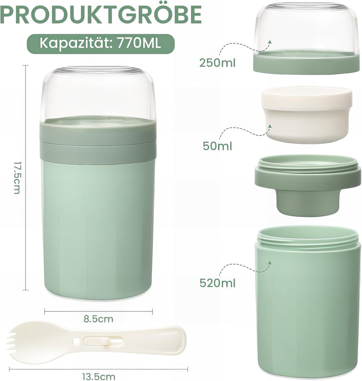 Bugucat Müslibecher to Go 520ML+250ML 2er,Praktischer Joghurtbecher mit Löffel, Auslaufsicher Müsli