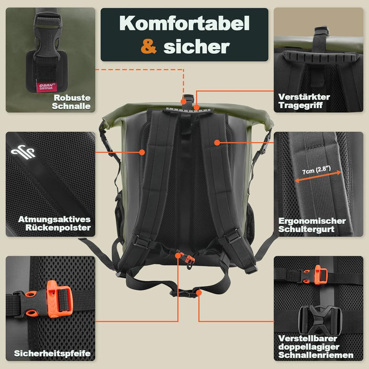 OSAH DRYPAK Wasserdichter Rucksack – 25L/35L/55L/85L Dry Bag Rolltop Outdoor Backpack mit Robustem R