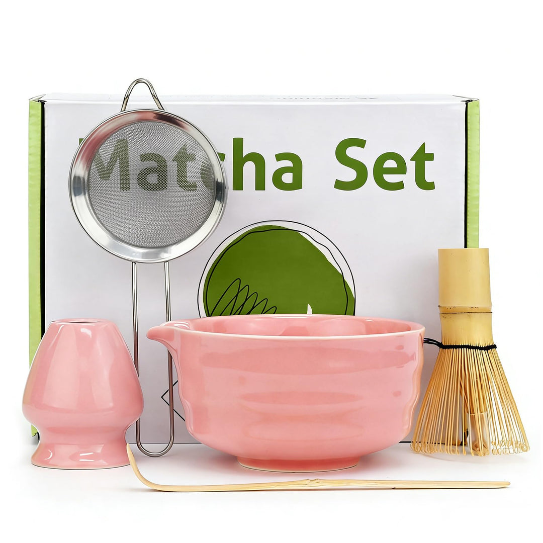 5 Stück Matcha Set, Japanisches Matcha Tee Set mit Bambusbesen, Keramik Schale mit Ausgiesser, Edels