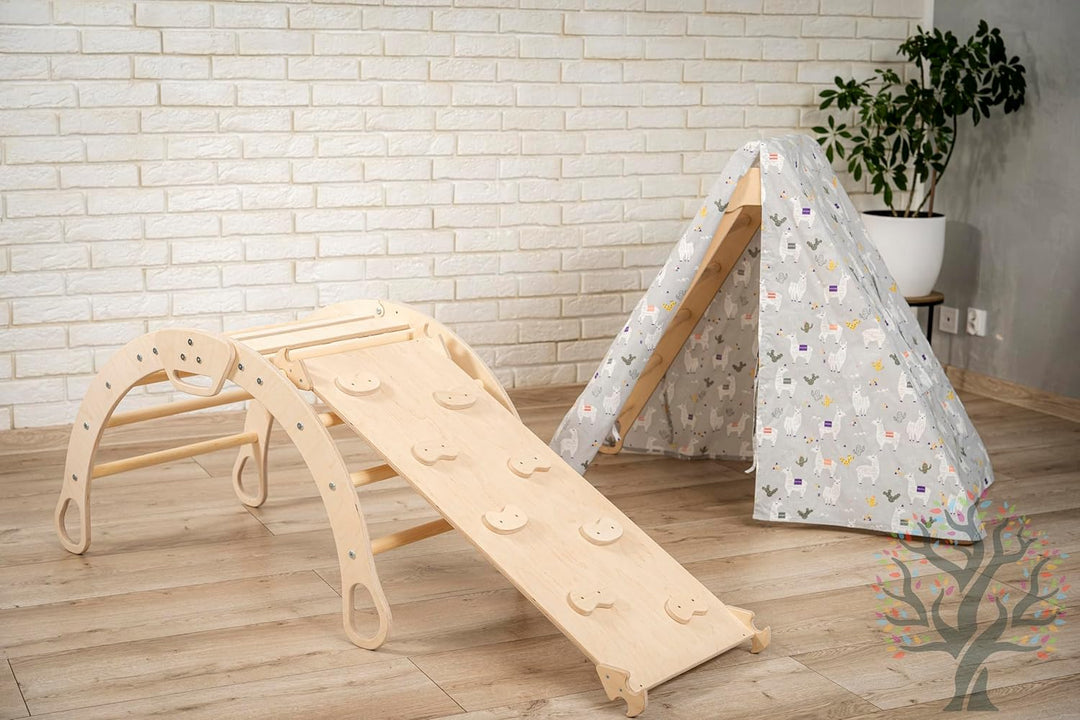 WoodsCraft 5in1 Set: Grosse Kletterbogen mit Kissen, Kinderzelt Indoor & Kletterdreieck mit 2in1: Ru