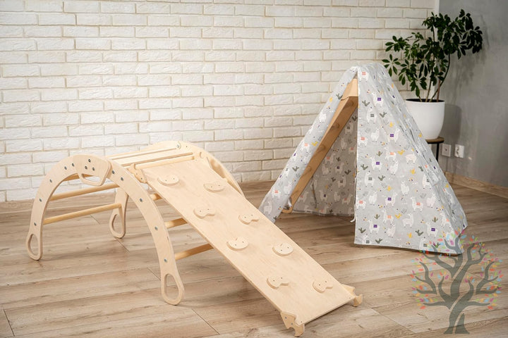 WoodsCraft 5in1 Set: Grosse Kletterbogen mit Kissen, Kinderzelt Indoor & Kletterdreieck mit 2in1: Ru