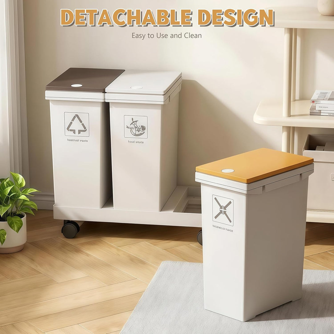 Mobiles Mülleimer Küche 3 x 12 L mit Rollen Mülltrennsystem 3 Fächer mit Druckdeckeln für Zuhause un