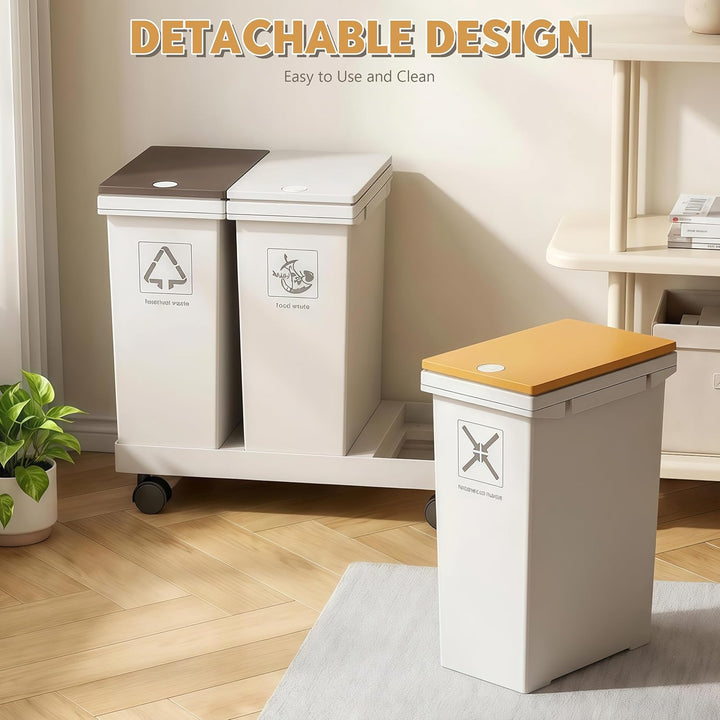Mobiles Mülleimer Küche 3 x 12 L mit Rollen Mülltrennsystem 3 Fächer mit Druckdeckeln für Zuhause un
