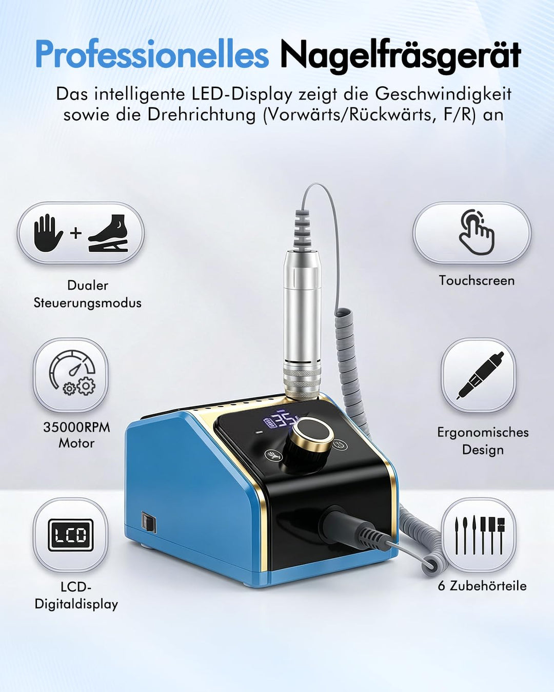 CozyZen Elektrische Nagelfräsmaschine 35.000 U/min Profi-Set | Mit LCD-Display, Hand- & Fusspedal, l