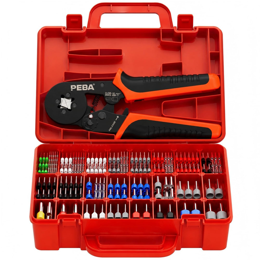 PEBA Vierkant Crimpzange Set mit 33 Grössen Aderendhülsen 0,25–10 mm² inkl. Twin Hülsen, selbstjusti