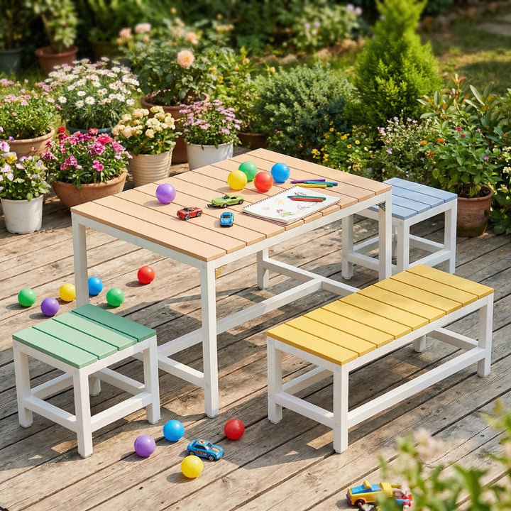 MAMIZO Kindertisch Pappelholz Massivholz, Kinder Tisch Stuhl Set Garten mit wasserdichte Abdeckung,