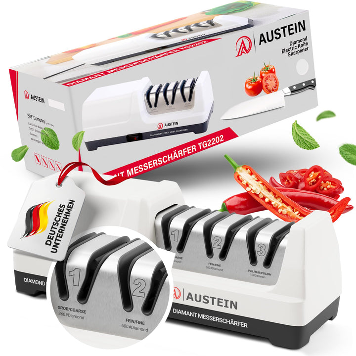 AUSTEIN® Diamant Messerschärfer elektrisch TG2202 - Der 3 Phasen Messerschleifer mit 20 Grad und mag