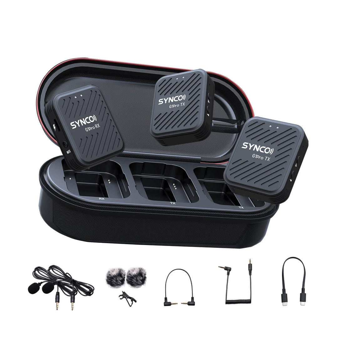 SYNCO G1 (A2) Pro 2,4 GHz kabelloses Lavalier Mikrofon mit Ladestation 1 Empfänger 2 Sendermikrofon