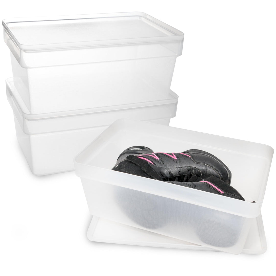 3x Ordnungsbox mit Deckel - stapelbar - milchig-transparent - Schuhbox - 14,5 cm hoch | 21,5x36x14,5