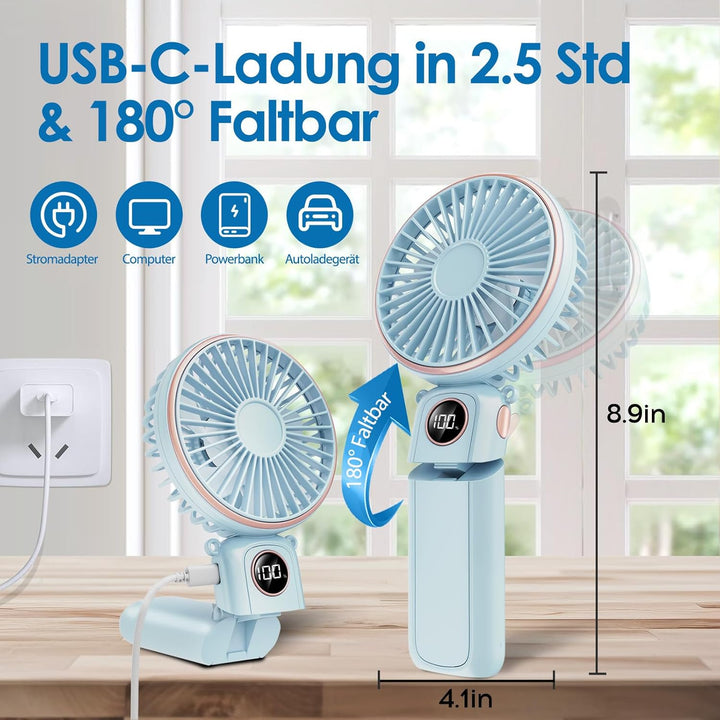 BEYYON Tragbarer Handventilator, 3-in-1 USB Ventilator Hand, leiser Mini Ventilator mit LED-Display,