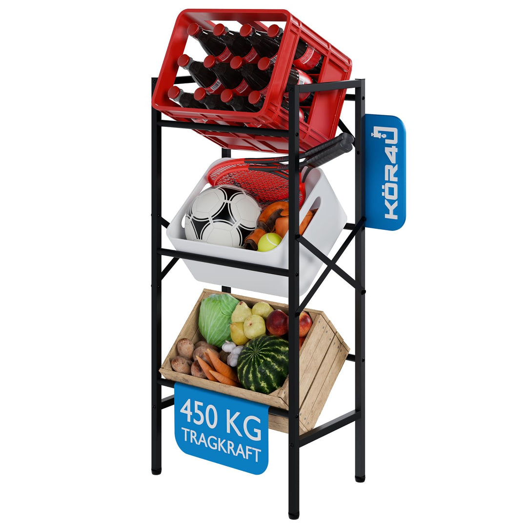 kör4u Getränkekistenregal Schwarz für 3 Kisten - Robustes Stahlregal mit 450 kg Tragkraft - Platzspa