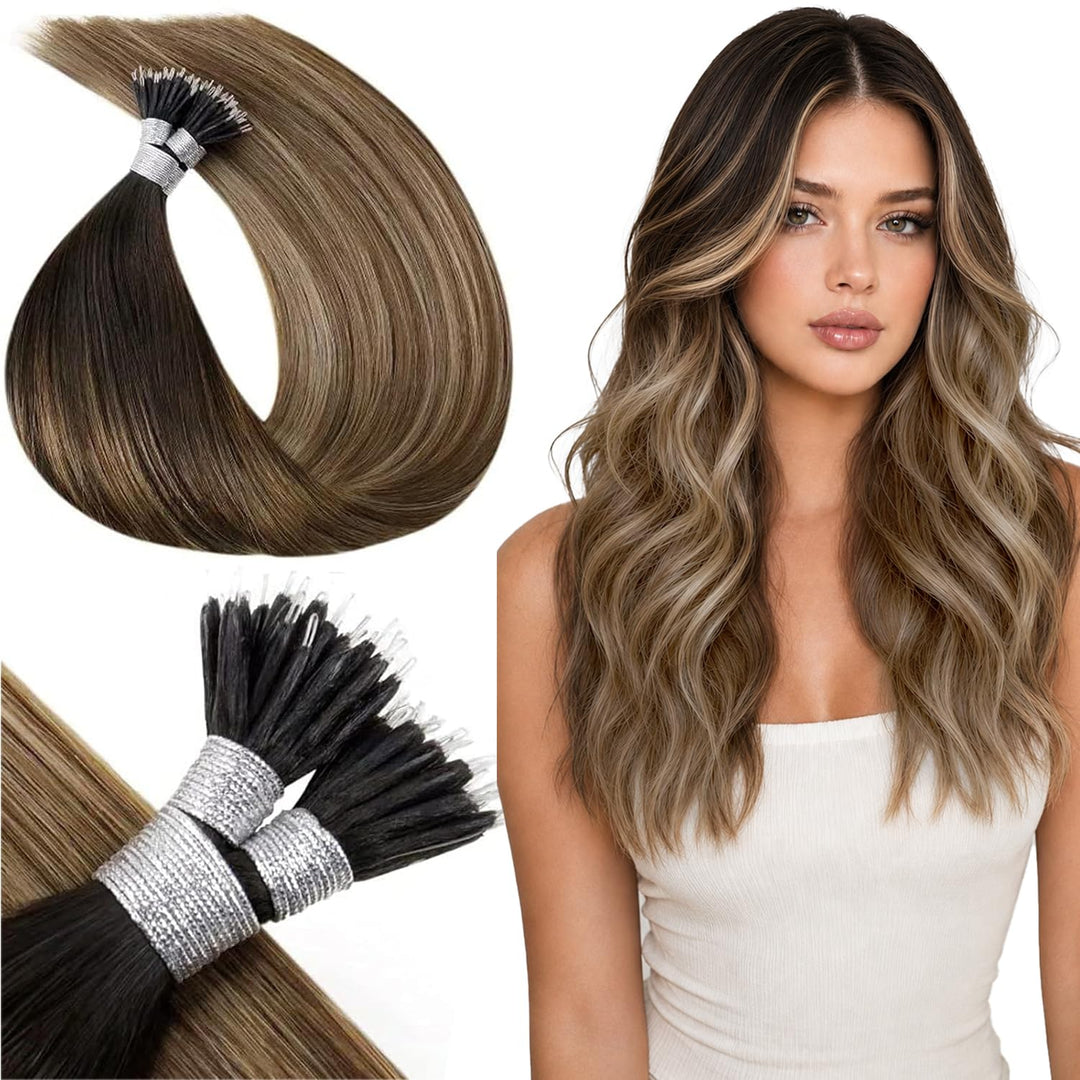 LaaVoo Balayage Echthaar Nanoring Extensions Dunkelstes Braun mit Mittel Braun und Aschblond 35 cm C