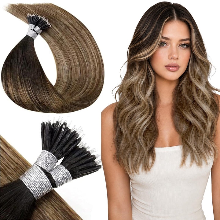 LaaVoo Balayage Echthaar Nanoring Extensions Dunkelstes Braun mit Mittel Braun und Aschblond 35 cm C