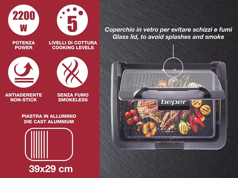 BEPER 90.871 Elektrogrill mit Glasdeckel, beschichtete Grillplatte, Edelstahl, 2200 WATT, schwarz, 2