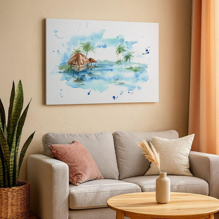 Bilder auf Leinwand Tropen Wasser Bungalow Ufer Leinwandbild 70x50cm Wandbilder Dekoration Wohnzimme