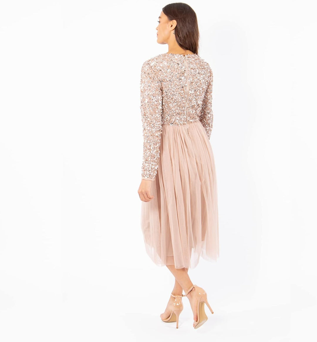 Maya Deluxe Midi Elegant Hochzeit Ärmel Tiefer V Ausschnitt Pailletten Cocktailkleid Abschlussball B