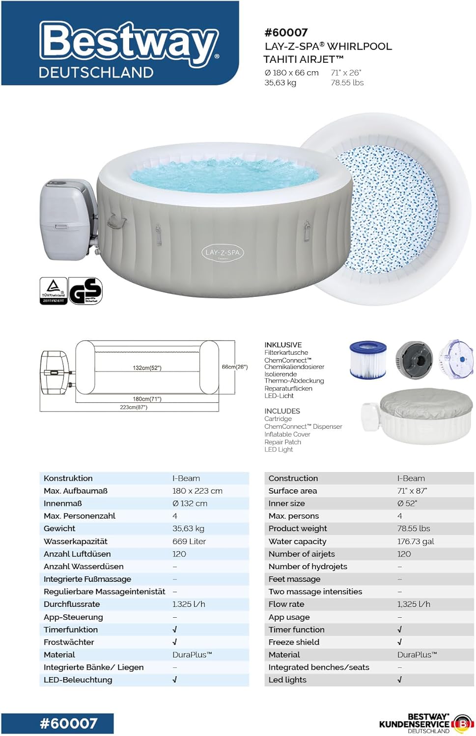 Bestway® Lay-Z-SPA® Tahiti Airjet™ Whirlpool, 180 x 66 cm, 2-4 Personen, rund, hellgrau