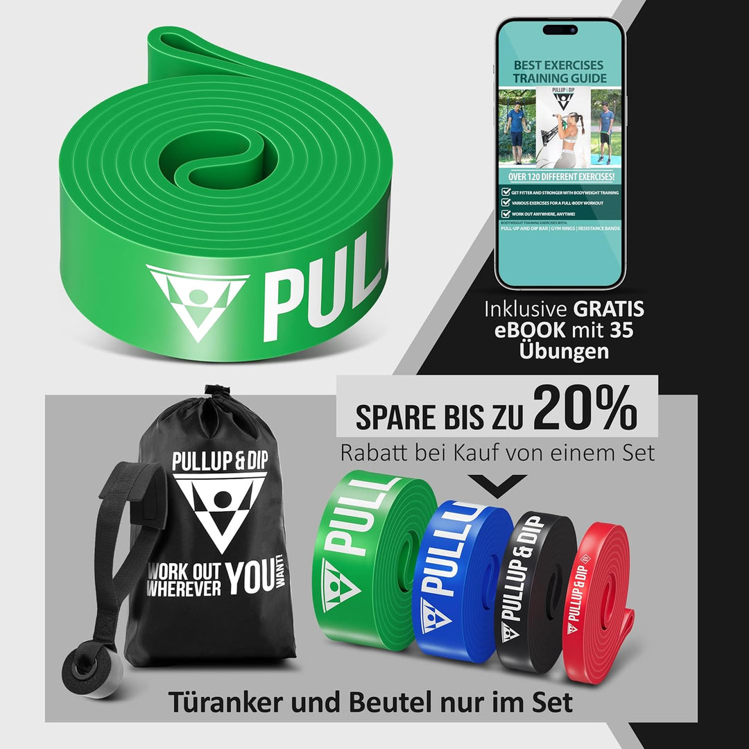 PULLUP & DIP Fitnessbänder Widerstandsbänder mit Tasche, Türanker (bei Sets) und Übungsguide - einze