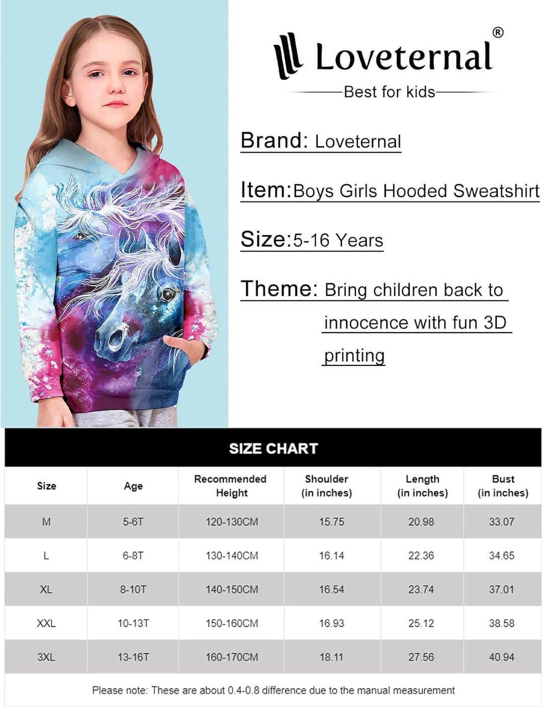 Loveternal Kinder Hoodie 3D Druck Kapuzenpullover Jungen Mädchen Langarm Pullover Mit Taschen 5-13 J