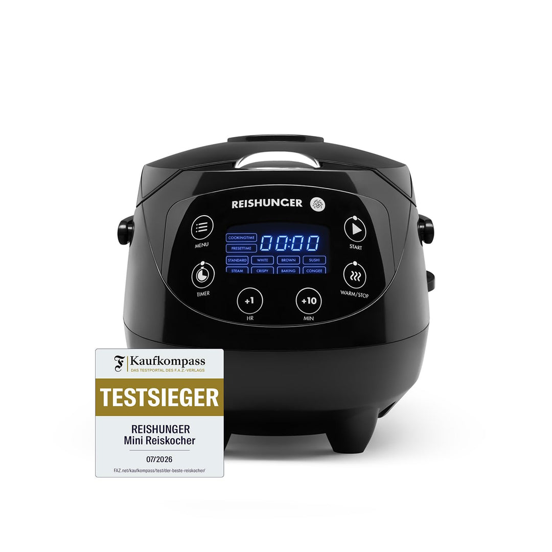 Digitaler Reishunger Mini Reiskocher und Dampfgarer in Schwarz - Warmhaltefunktion, Timer & Premium