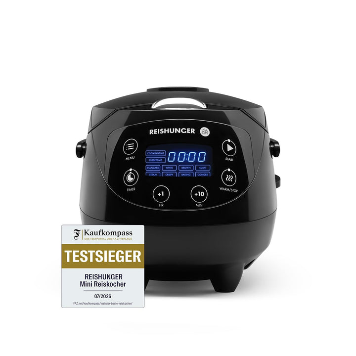 Digitaler Reishunger Mini Reiskocher und Dampfgarer in Schwarz - Warmhaltefunktion, Timer & Premium