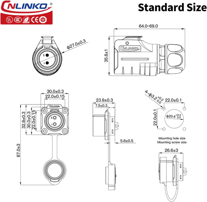 CNLINKO LP-20 Industrieller Wasserdichter Steckverbinder IP68 Rundsteckverbinder Schnellverschluss L
